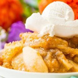 Close up photo of apple brown betty on a white plate topped with ice cream.