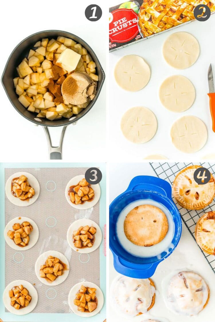 Step-by-step photo collage showing how to make apple hand pies.