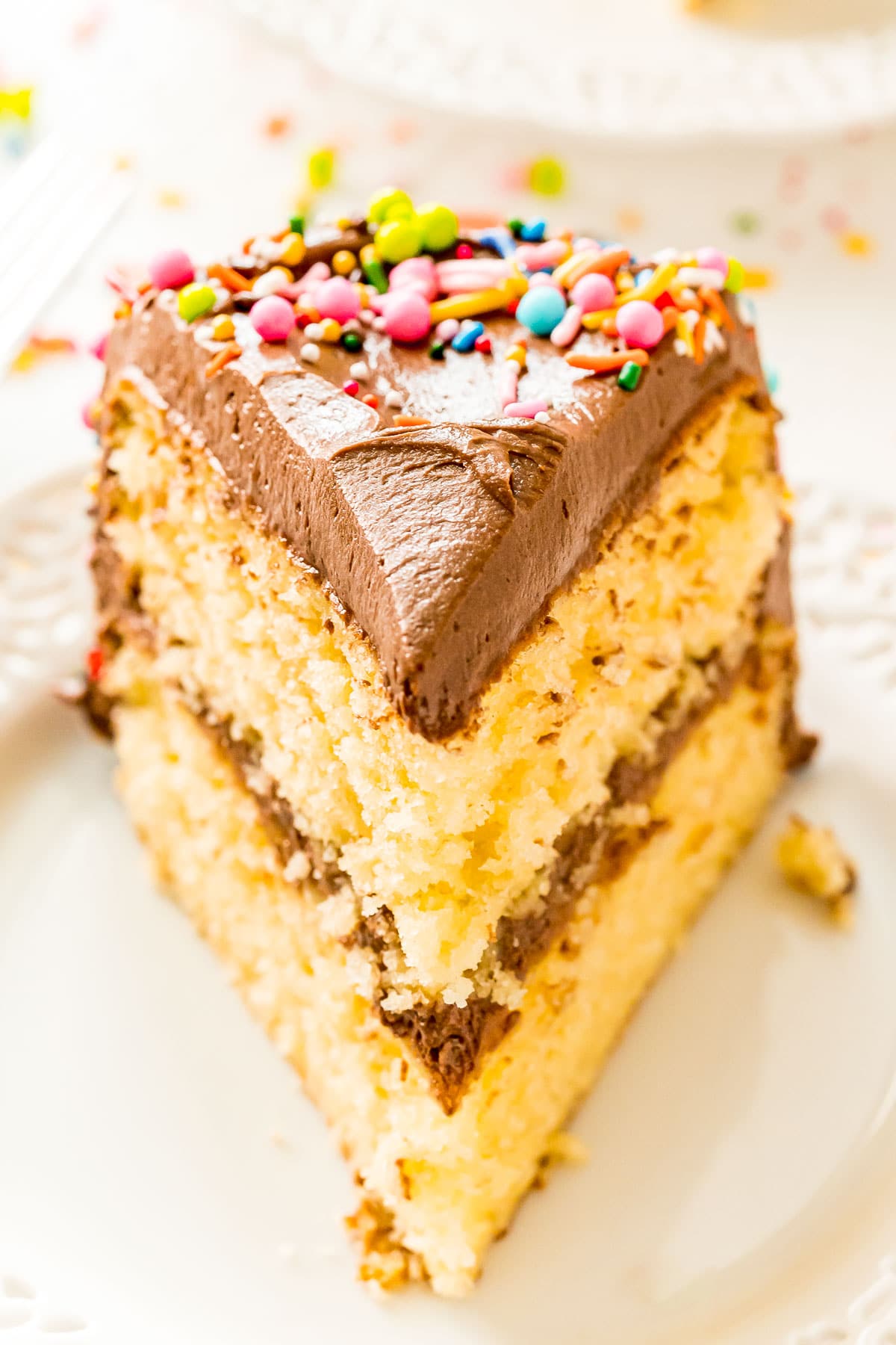 Slice of yellow cake with chocolate frosting and sprinkles on a white plate.