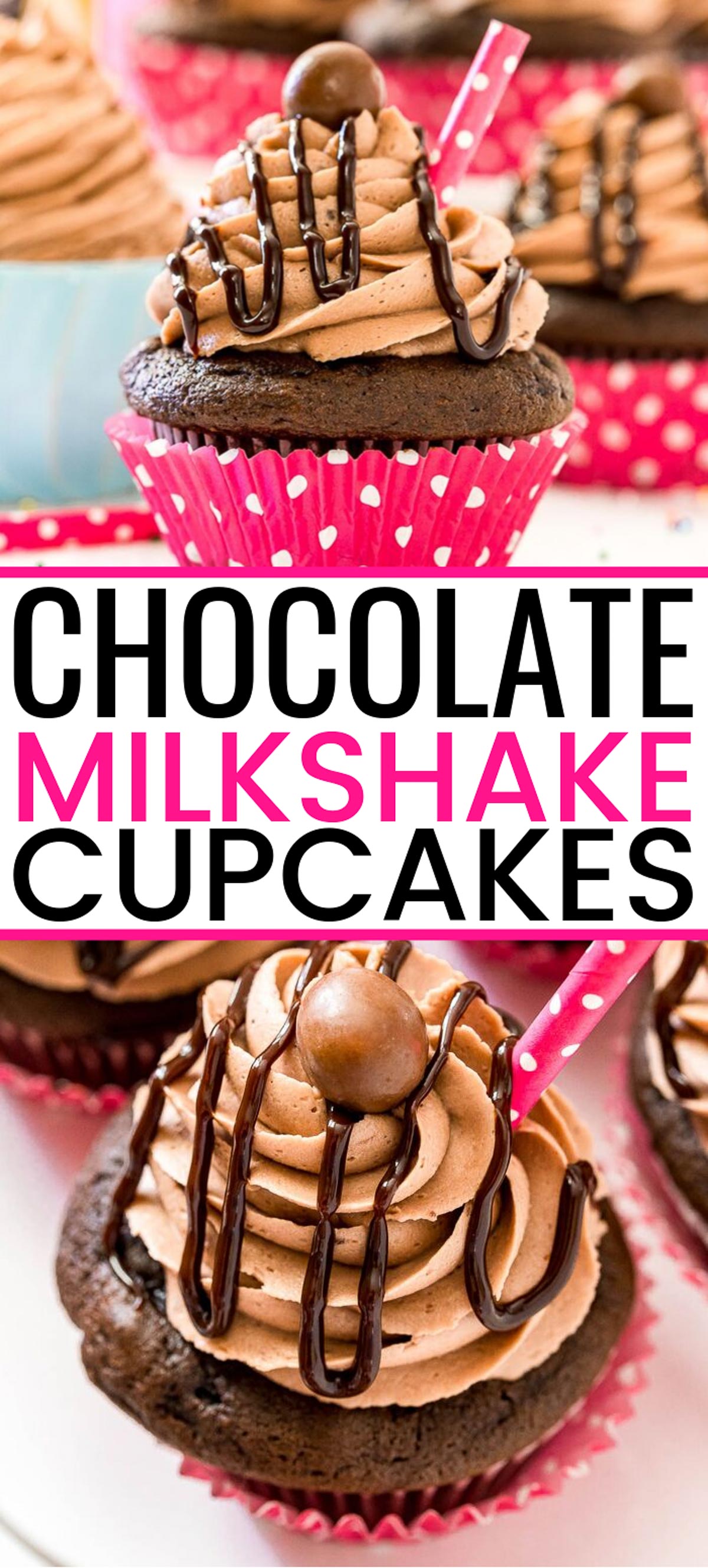 Chocolate Milkshake Cupcakes are super fun for parties. They’re made with a rich chocolate cake and silky Chocolate Malt Buttercream. via @sugarandsoulco