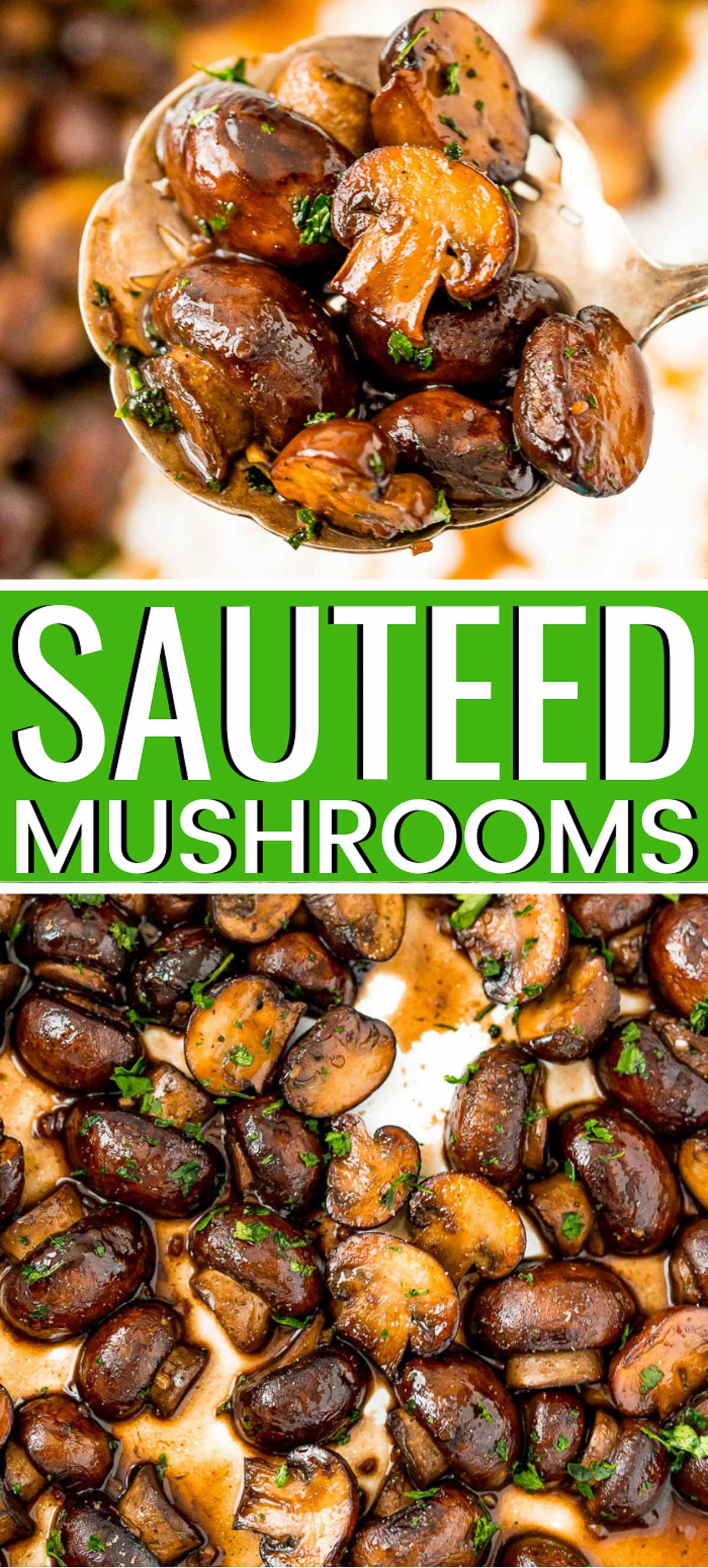 Sauteed Mushrooms are so easy to make! They are browned in butter and olive oil and seasoned with garlic and salt. A glaze made of balsamic, brown sugar, and black pepper make this side dish a total crowd-pleaser.   via @sugarandsoulco