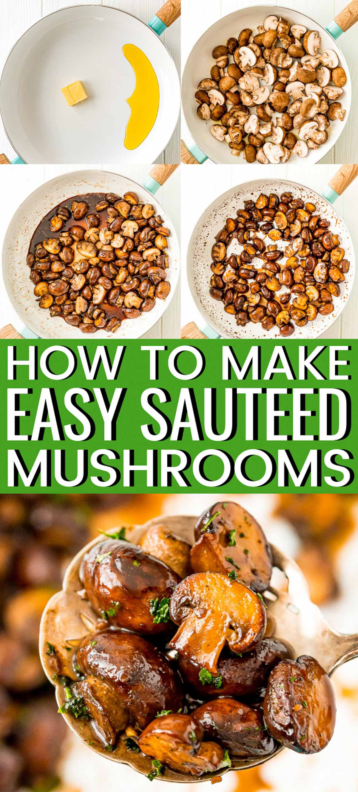 Sauteed Mushrooms are so easy to make! They are browned in butter and olive oil and seasoned with garlic and salt. A glaze made of balsamic, brown sugar, and black pepper make this side dish a total crowd-pleaser.   via @sugarandsoulco