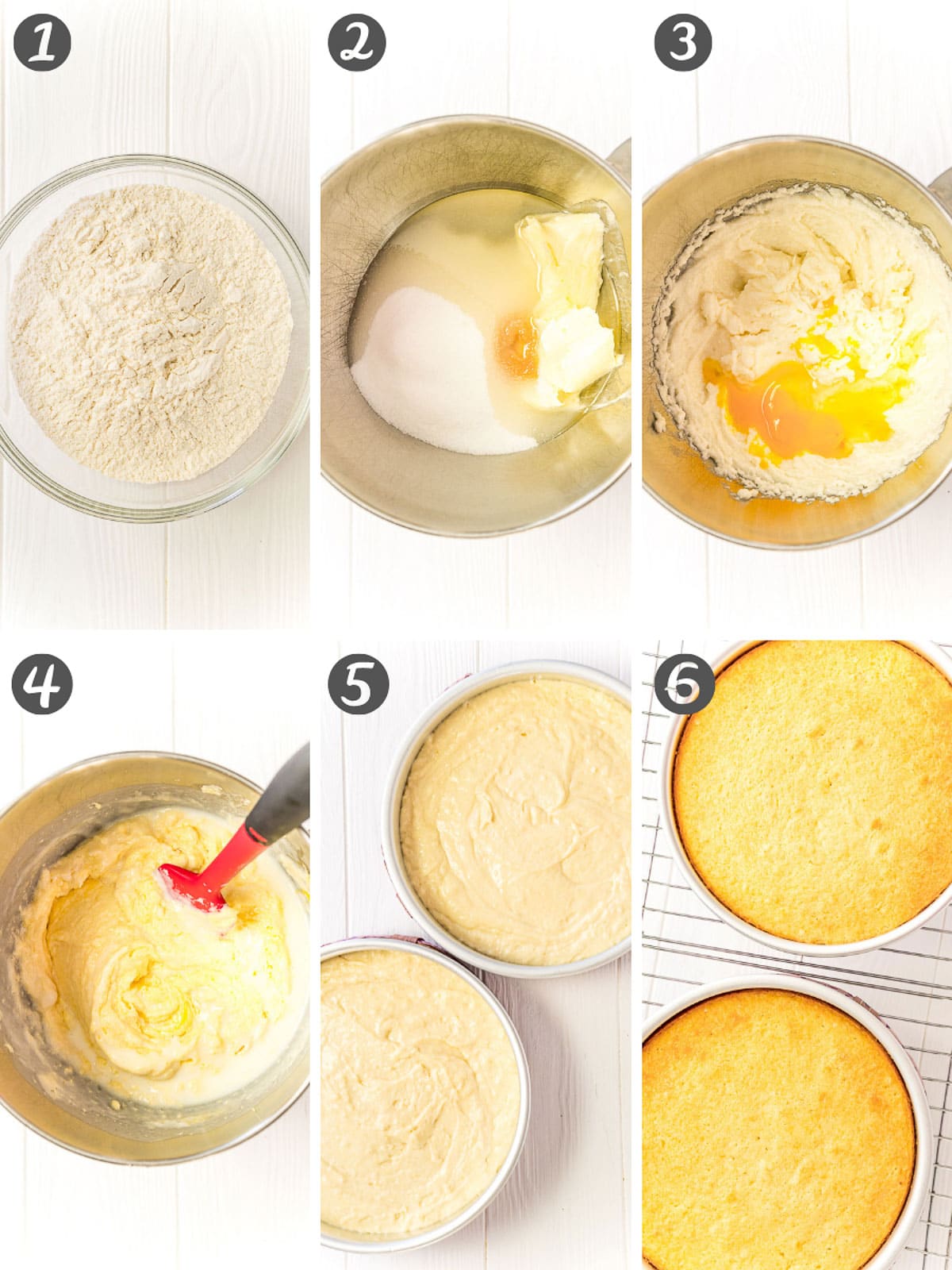 Step-by-step photo collage showing how to make yellow cake.
