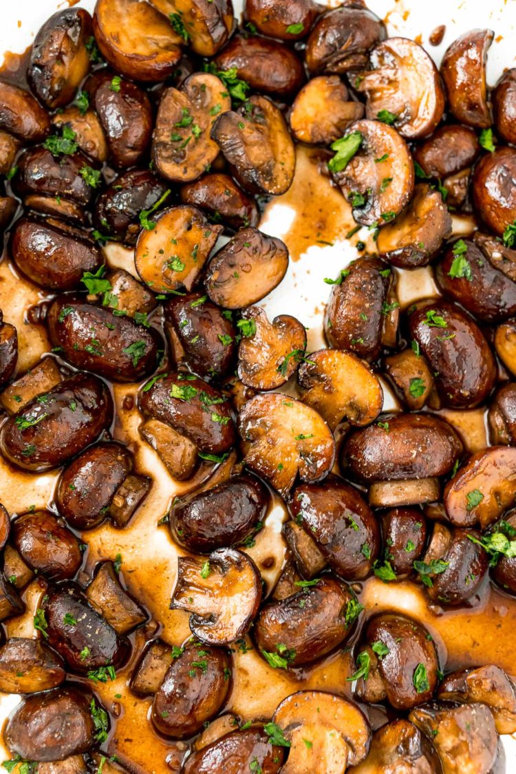 Overhead photo of of sauteed mushrooms.