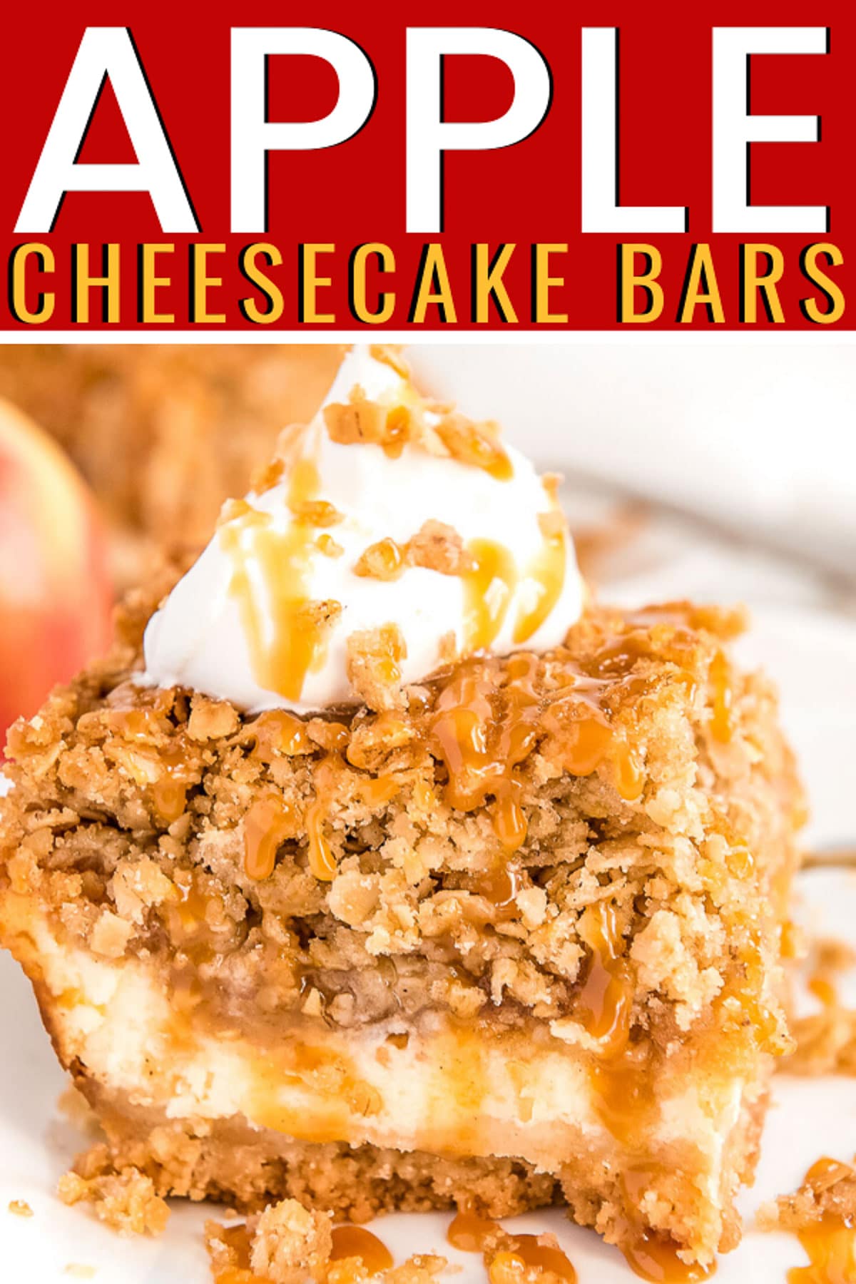 Caramel Apple Cheesecake Bars are made with a shortbread crust, a creamy cheesecake layer, cinnamon baked apples, and an oatmeal crumble topping! via @sugarandsoulco