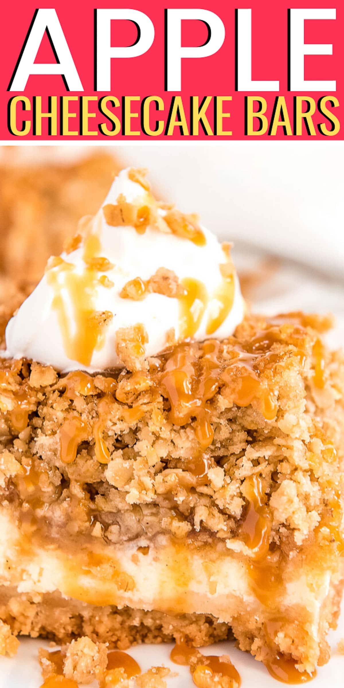 Caramel Apple Cheesecake Bars are made with a shortbread crust, a creamy cheesecake layer, cinnamon baked apples, and an oatmeal crumble topping! via @sugarandsoulco