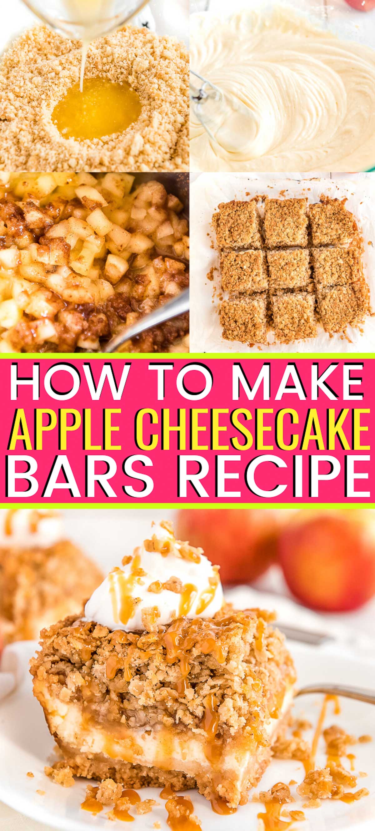 Caramel Apple Cheesecake Bars are made with a shortbread crust, a creamy cheesecake layer, cinnamon baked apples, and an oatmeal crumble topping! via @sugarandsoulco