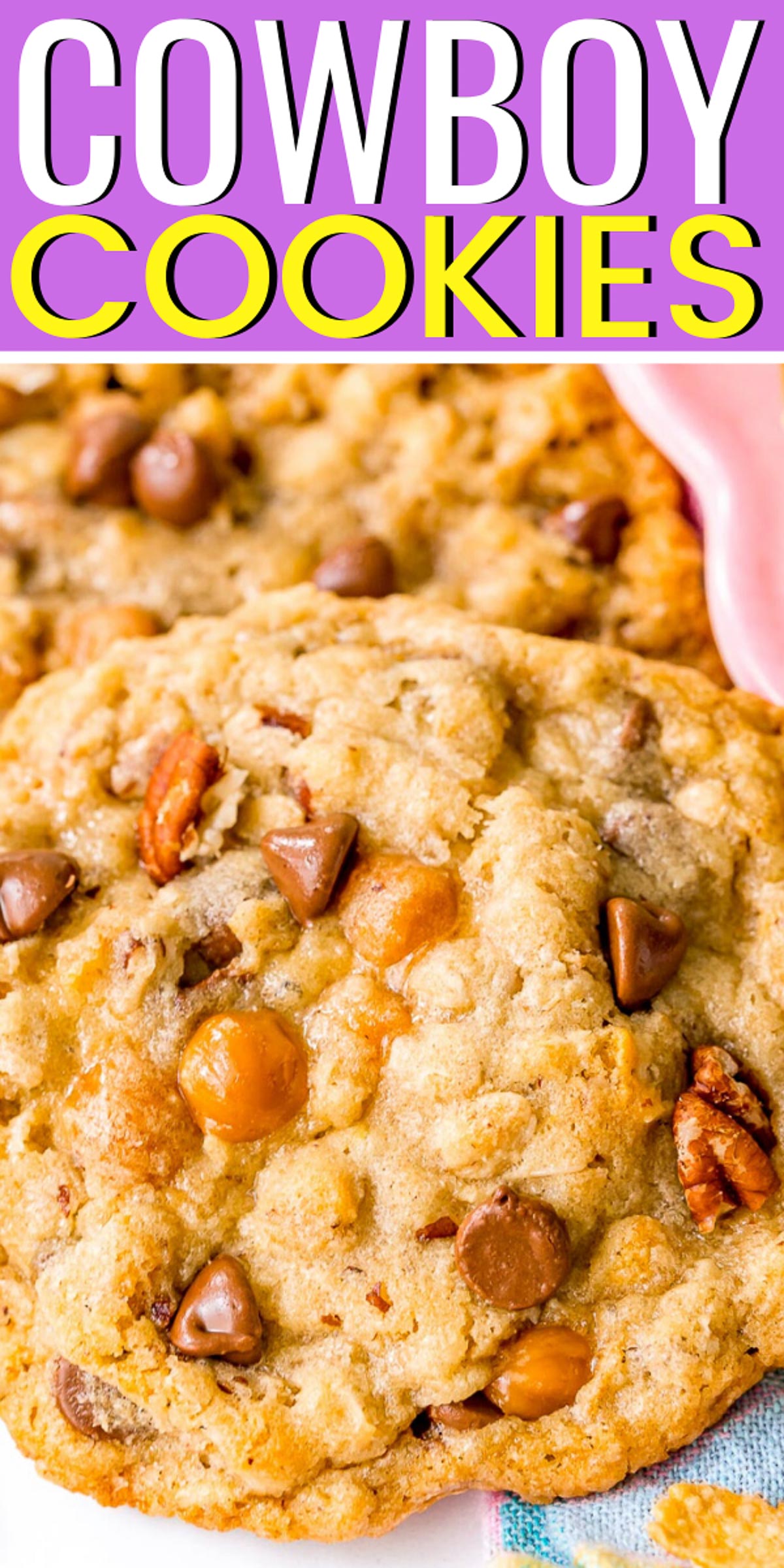 Cowboy Cookies are large oatmeal cookies with a crisp edge and soft chewy center loaded with pecans, chocolate chips, caramel, coconut, and cornflakes. via @sugarandsoulco