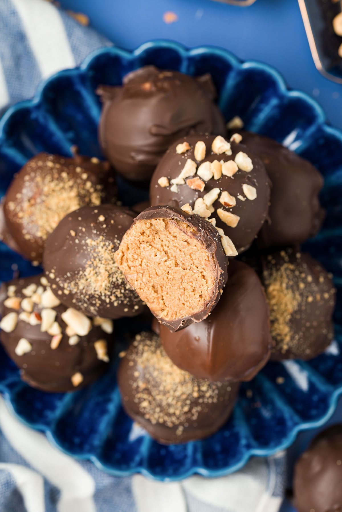 Overhead photo of a blue plate with peanut butter balls on it.