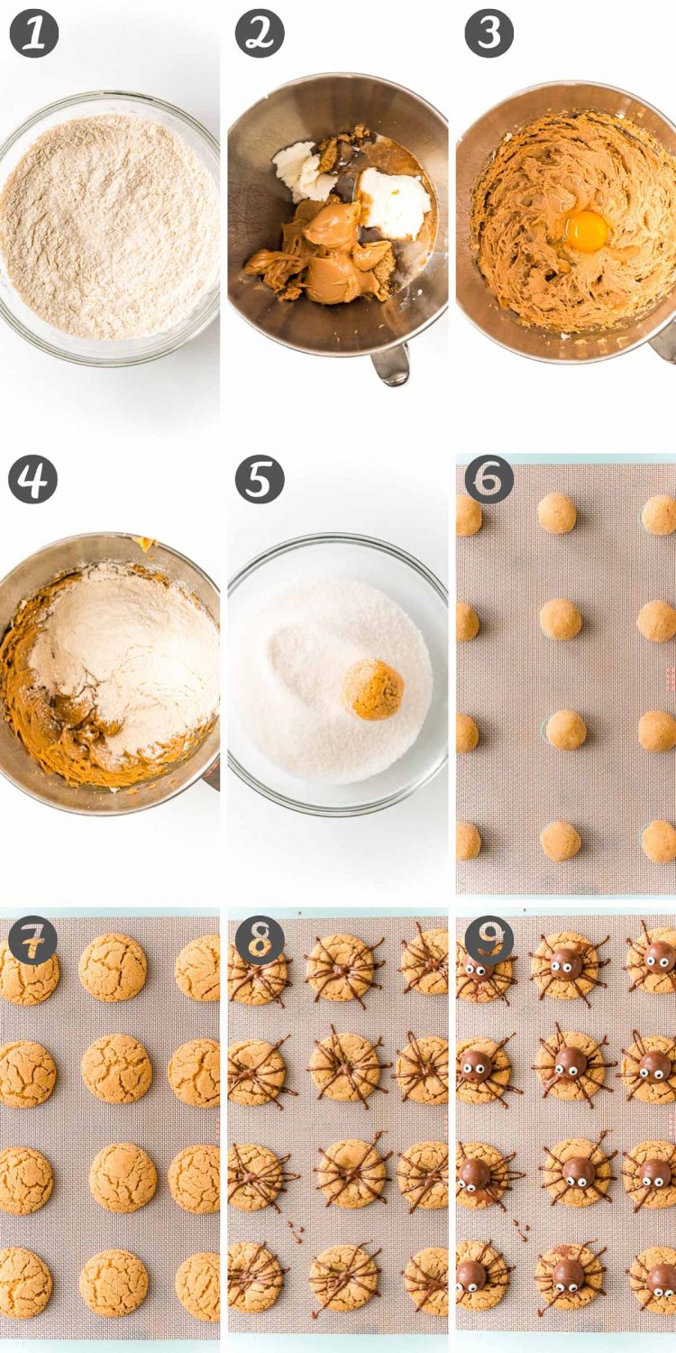 Collage of step-by-step photos showing how to make Halloween spider cookies.