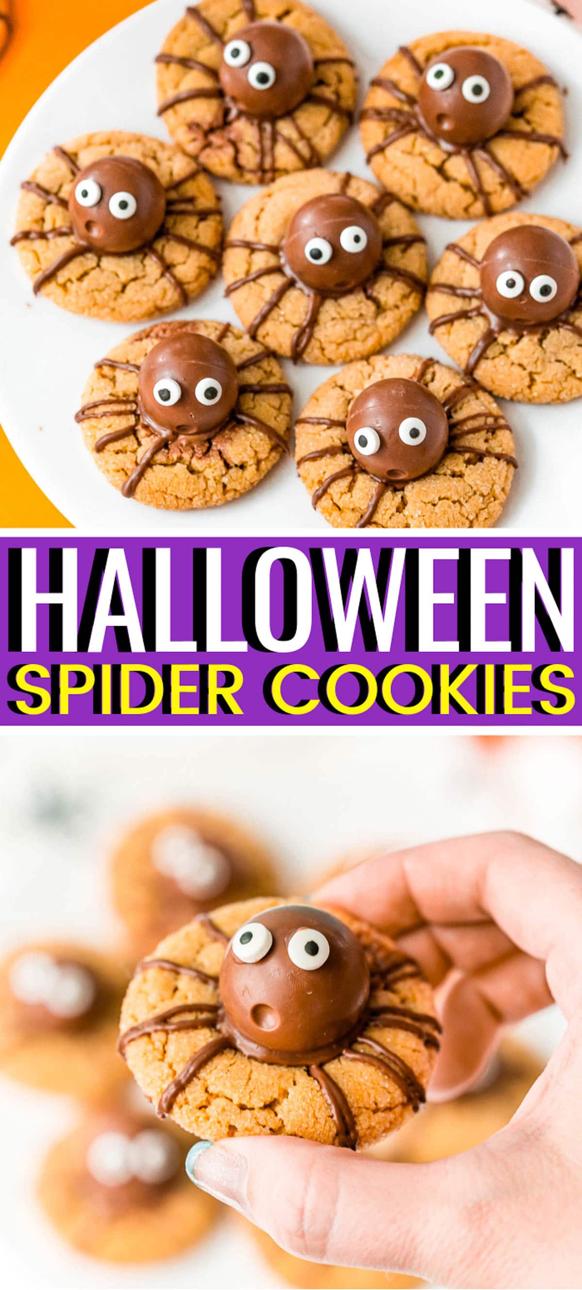 Halloween Spider Cookies are a spooky twist on classic Peanut Butter Blossoms! Made with truffles nestled in soft, chewy peanut butter cookies and decorated with chocolate and candy eyes. via @sugarandsoulco