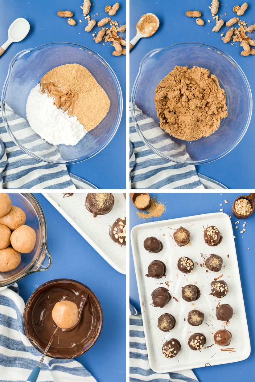 Step-by-step photo collage showing how to make peanut butter balls.