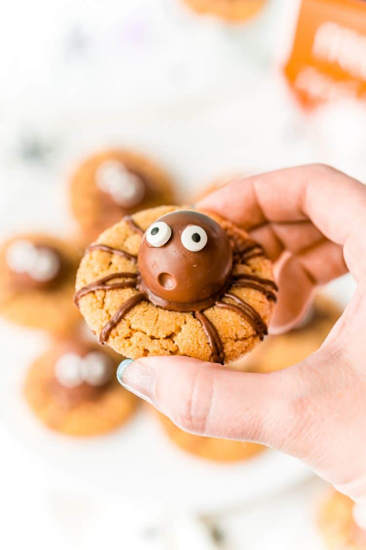 Woman's hand holding a peanut butter cookie decorated like a spider for Halloween.