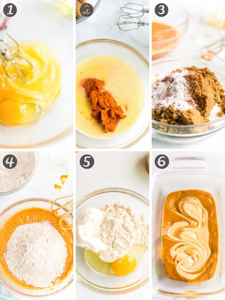 Step-by-step photos showing how to make pumpkin bread swirled with cream cheese.