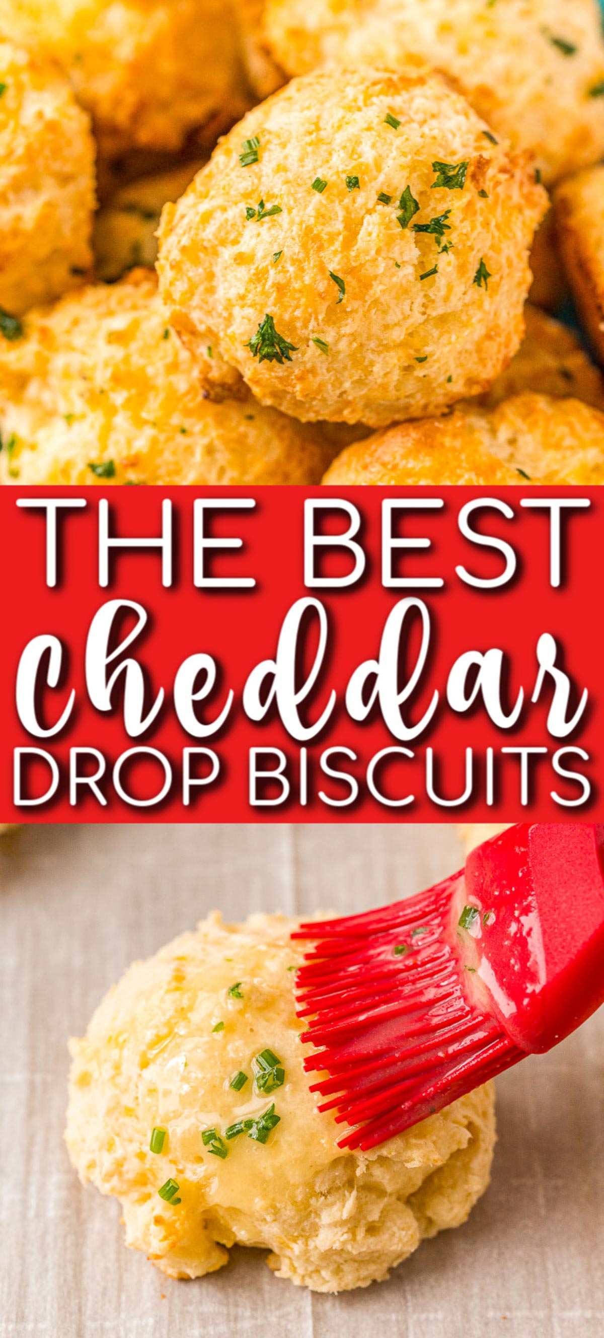 These Cheddar Drop Biscuits are loaded with Cheddar and Colby Jack Cheese and garlic flavor. They're a savory, buttery, and cheesy biscuit recipe everyone will love! via @sugarandsoulco