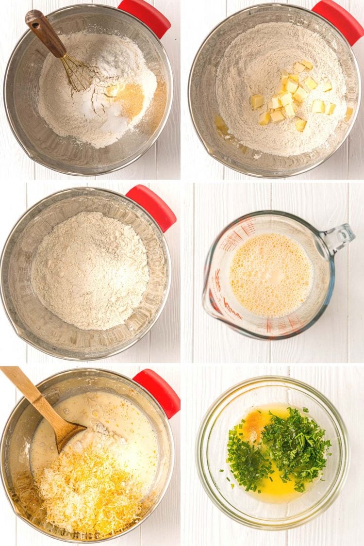 Step by step photo collage showing how to make cheddar biscuits.