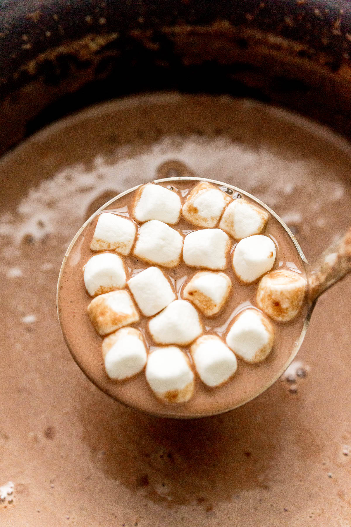 A ladle lifting hot chocolate and marshmallows out of a crockpot.