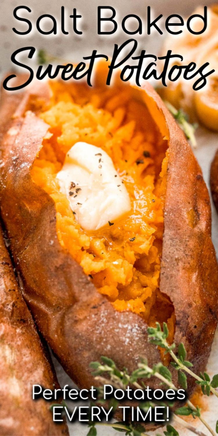 Close up photo with text overlay for salt baked sweet potatoes.