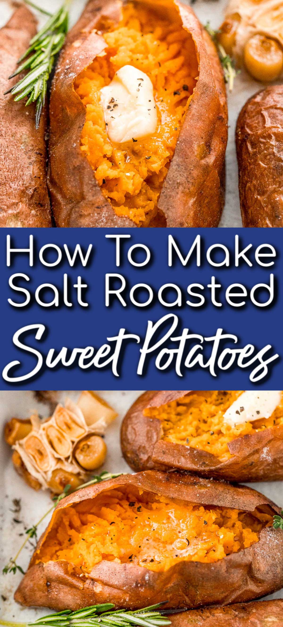 Salt Baked Sweet Potatoes are deliciously tender on the inside with a crispy and salty skin. Herbs and garlic add delicious flavor to this traditional side dish! via @sugarandsoulco