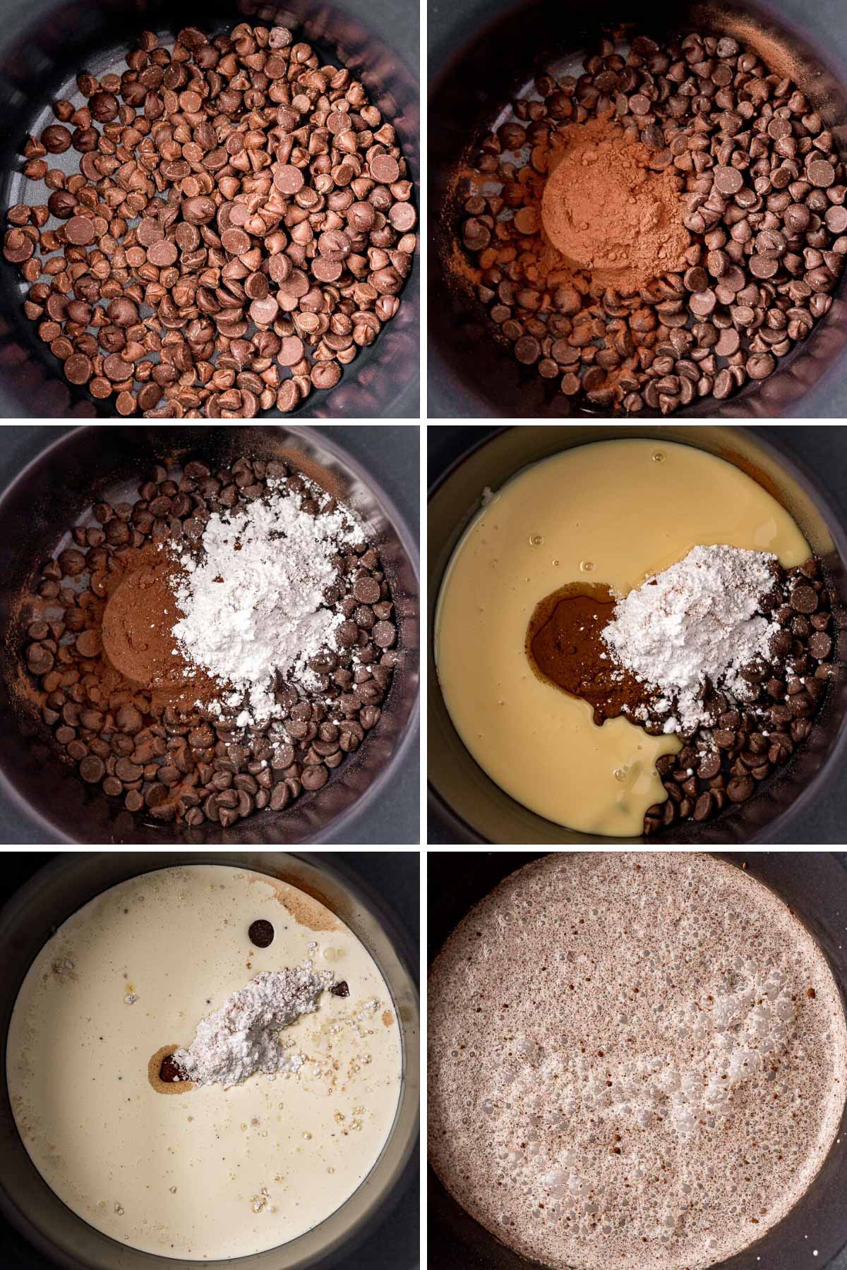 Step-by-step photo collage showing how to make hot chocolate in a crockpot.