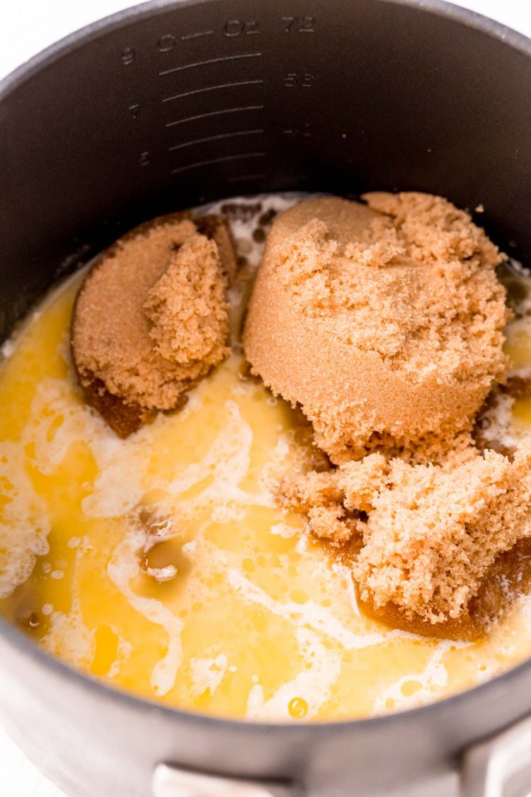 Melted butter and brown sugar in saucepan.