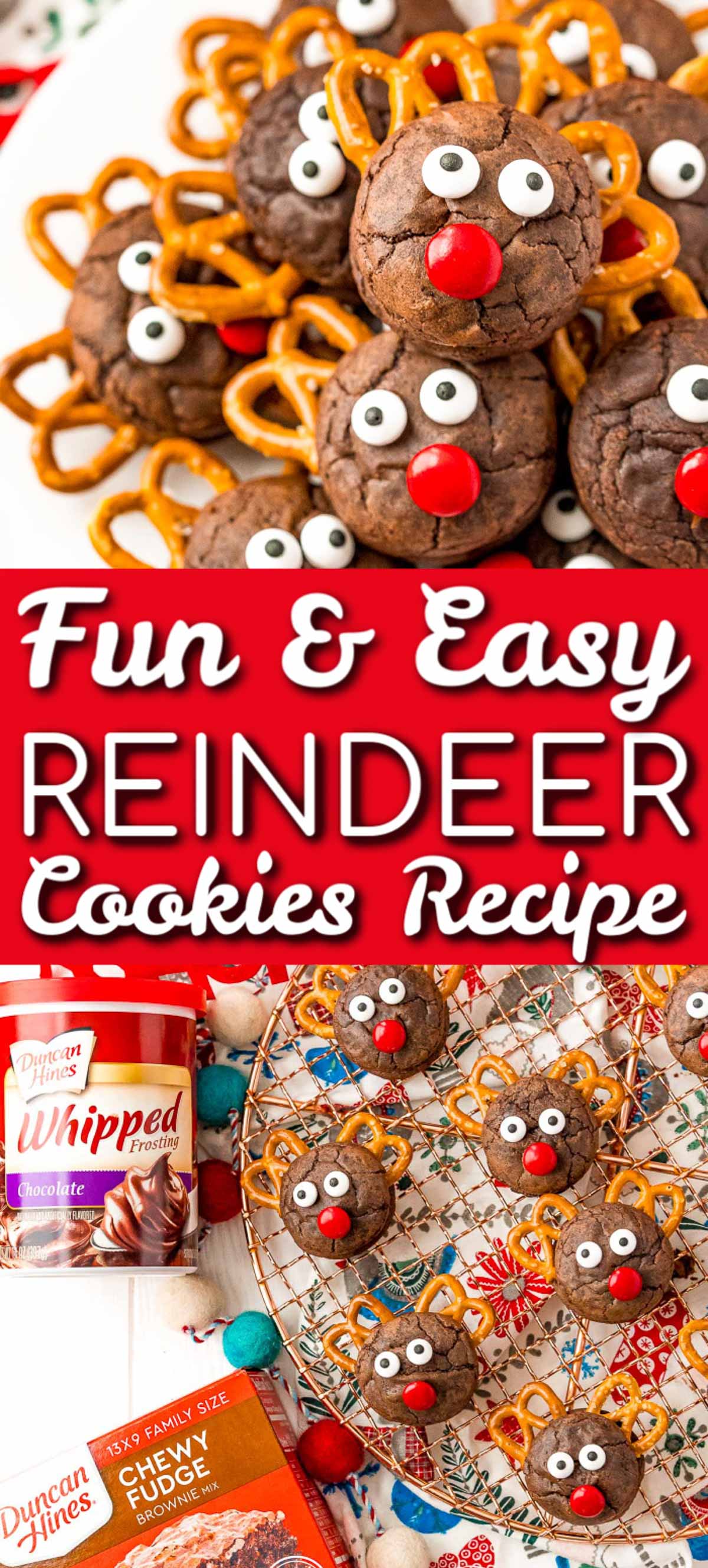 Reindeer Cookies are a festive recipe made with brownie sandwich cookies, frosting, pretzels, chocolate candies, and candy eyes! The best part about these treats is the whole family can help with the decorating! via @sugarandsoulco