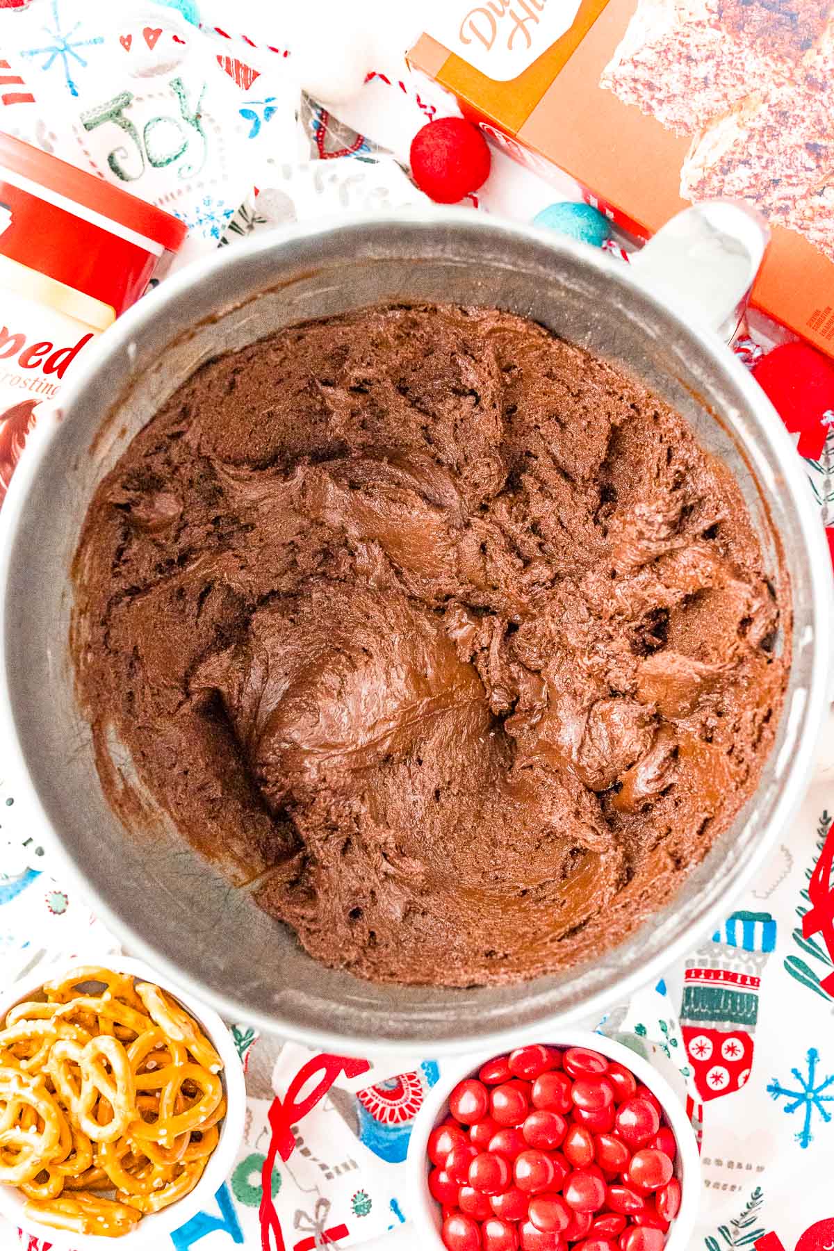 Brownie cookies dough in a metal bowl