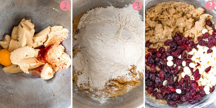 Step by step photo collage showing how to make cranberry white chocolate chip cookies.