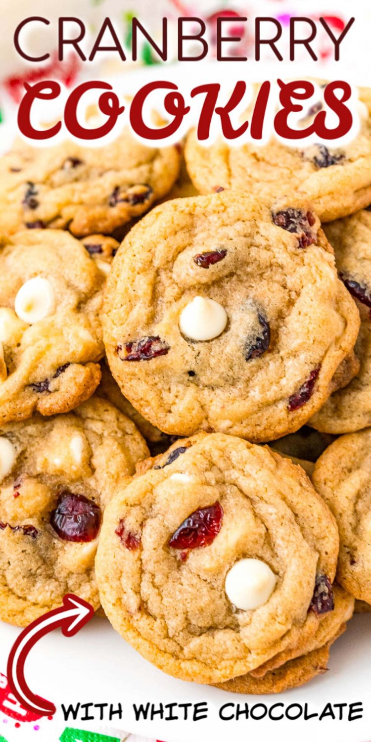 Close up photo of cranberry cookies with a text overlay for pinterest.