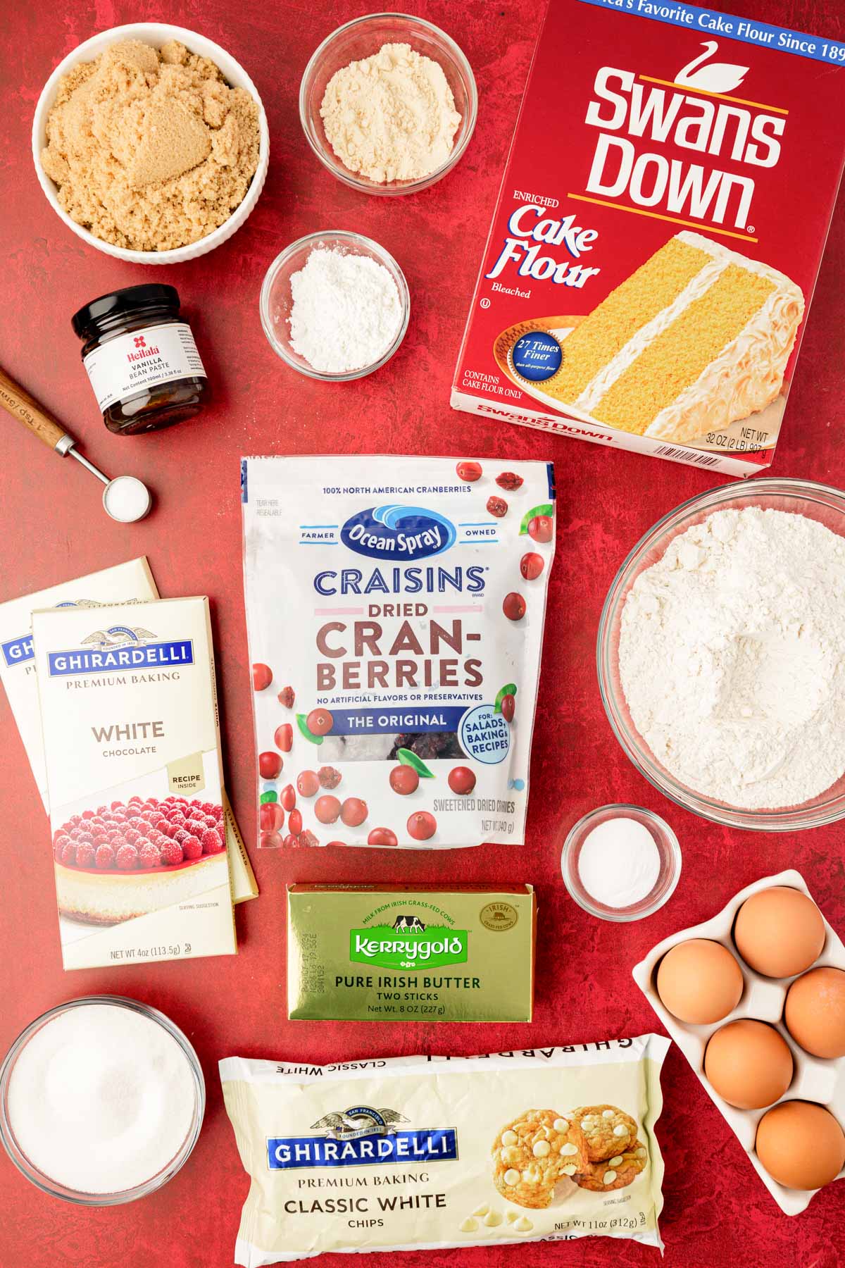 Overhead photo of ingredients to make cranberry white chocolate cookies.