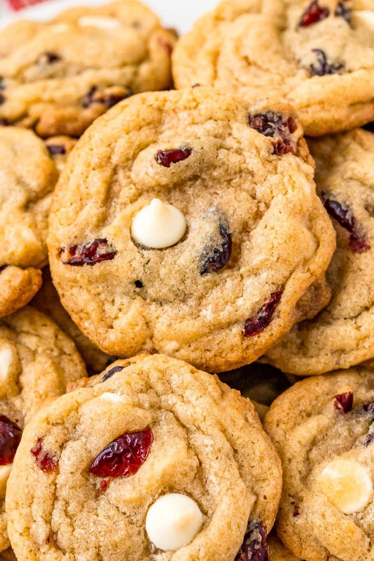 Close up photo of Cranberry white chocolate chip cookies.