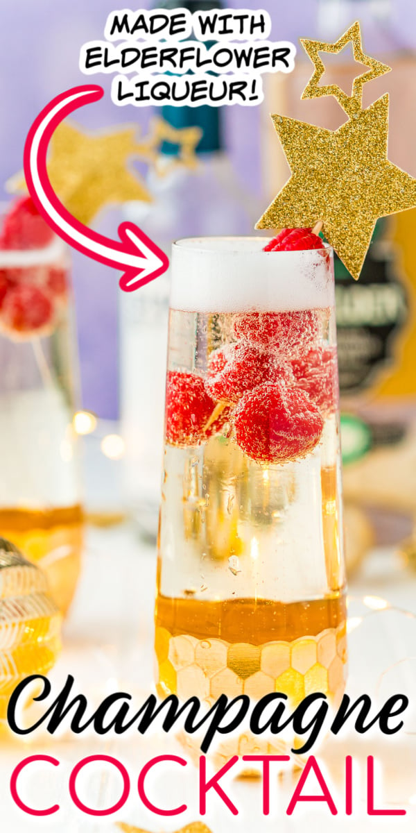 Close up photo of a champagne cocktail with raspberries. Title in text overlay for pinterest.