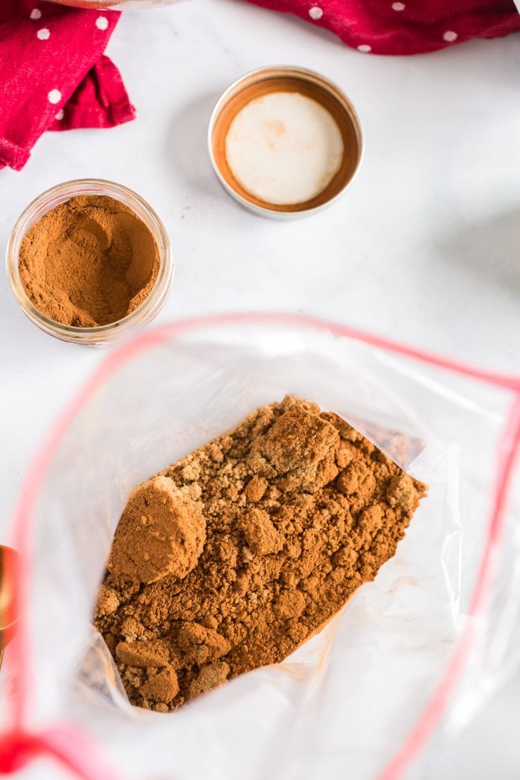 Brown sugar and spices in a large ziploc bag.