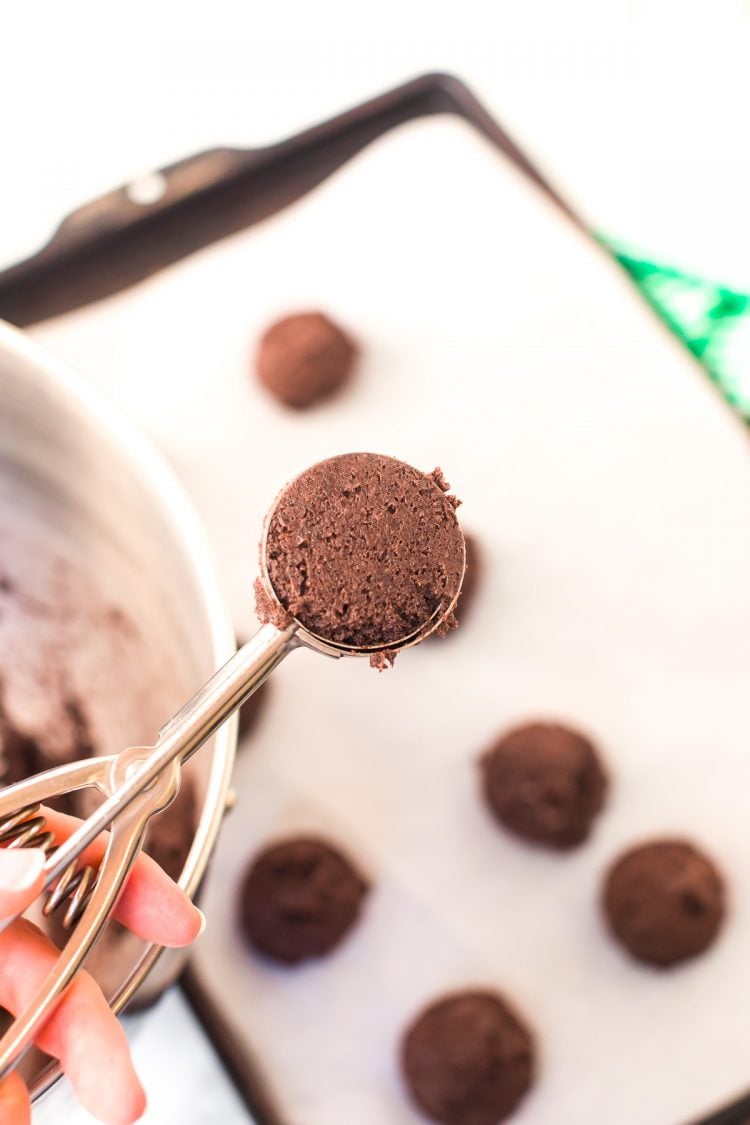 A woman's hand holding a medium cookie scoop with truffle mixture in it.