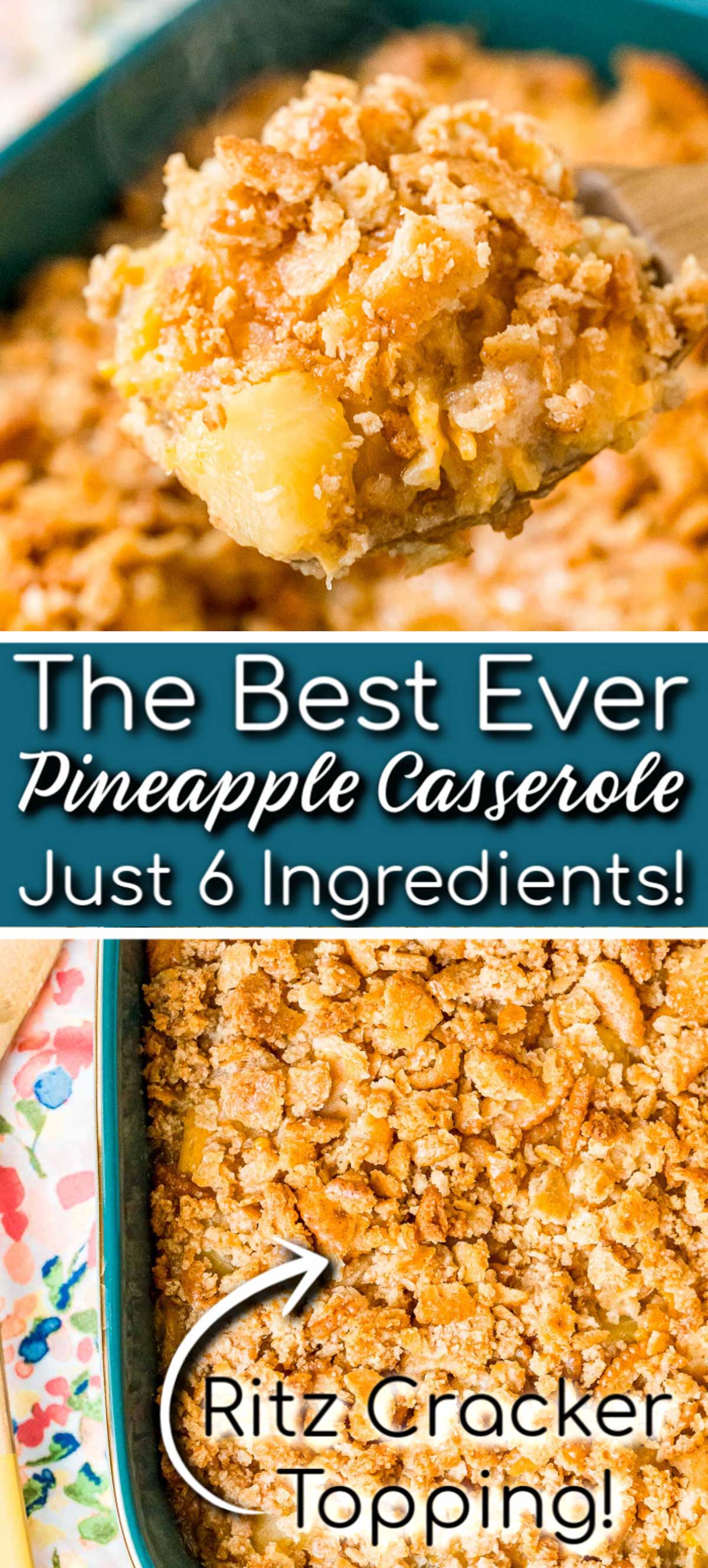 Pineapple Casserole is a salty-sweet side dish that's popular in the South and always a hit at pot lucks. It's made with pineapple, cheddar cheese, salty crackers, and a few other ingredients and takes just 5 minutes to prepare! via @sugarandsoulco