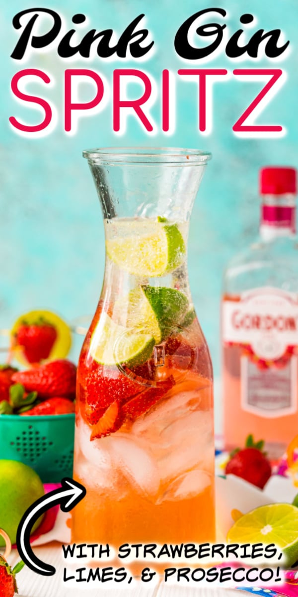 This Pink Gin Spritz is made with pink gin, prosecco, soda, lime juice, and fresh strawberries for a delightfully fruity cocktail that's not too sweet! via @sugarandsoulco