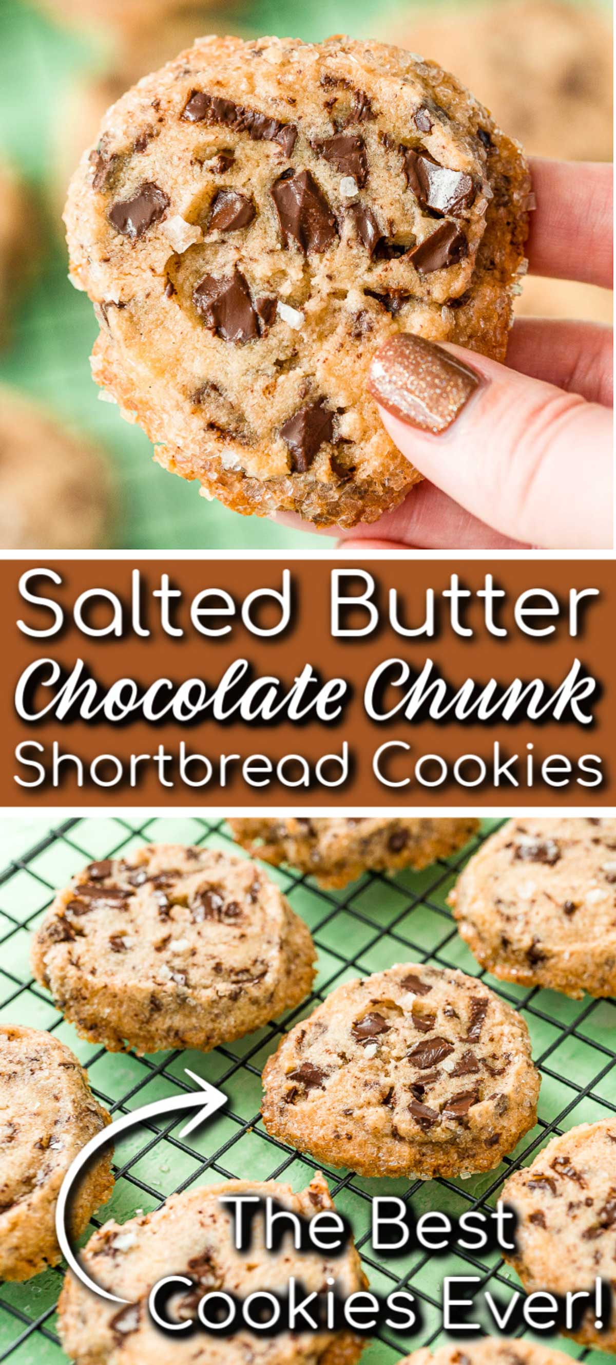 Salted Chocolate Chunk Shortbread Cookies took the internet by storm with their delicious sugar crust and crisp texture laced with chocolate and sprinkled with flaky sea salt! via @sugarandsoulco