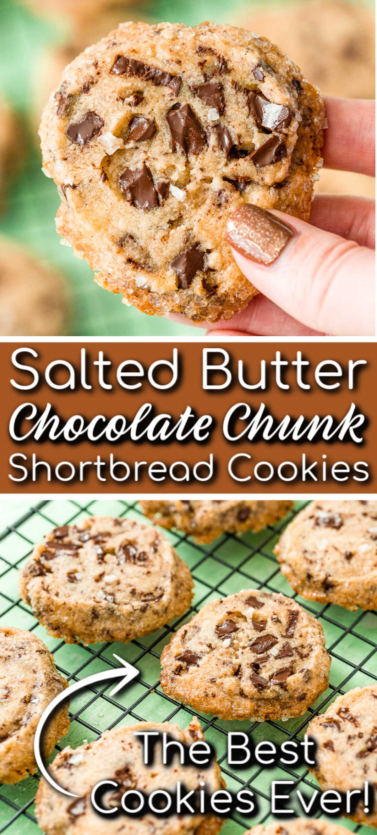 Salted Chocolate Chunk Shortbread Cookies took the internet by storm with their delicious sugar crust and crisp texture laced with chocolate and sprinkled with flaky sea salt! via @sugarandsoulco