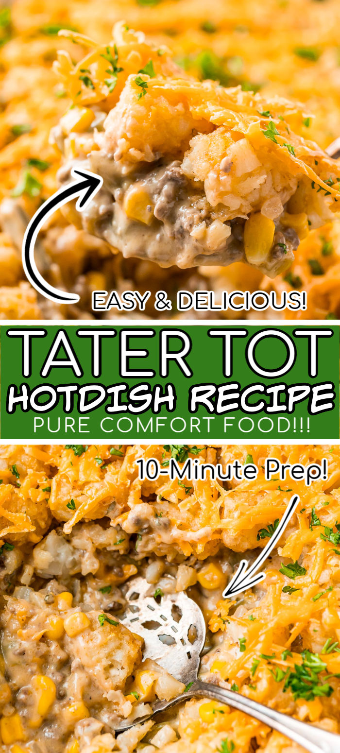 Tater Tot Hotdish is a delicious and easy casserole made with ground beef, veggies, Worcestershire sauce, cream of cheddar cheese soup, cream of mushroom soup, and spices for a family favorite meal! via @sugarandsoulco