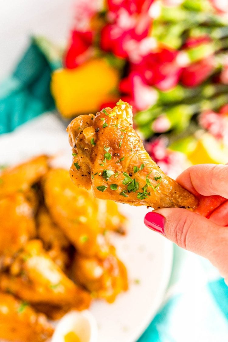 Woman's hand holding a baked chicken wing.