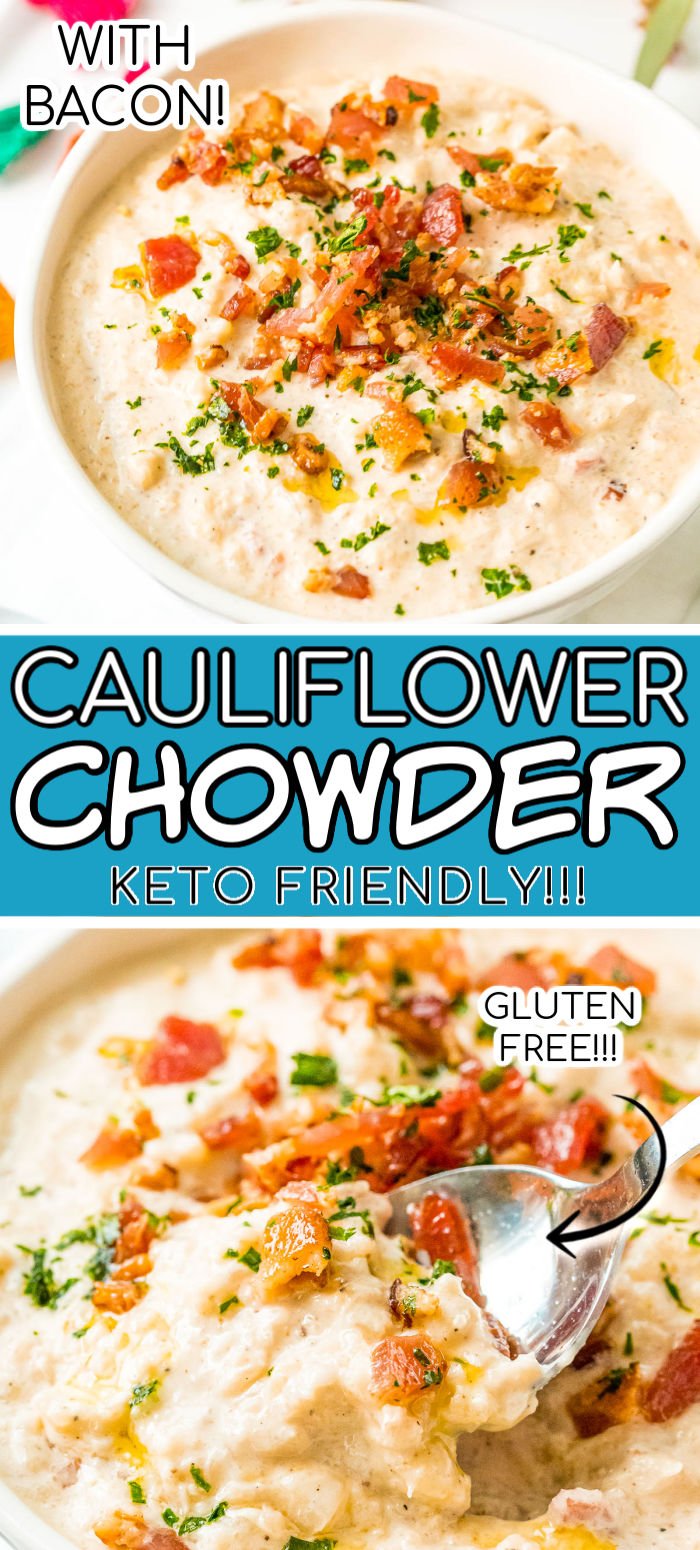 Bacon Cauliflower Chowder is gluten-free and keto-friendly and loaded with salty bacon, cream cheese, cauliflower, and seasoning for a delicious chowder recipe you'll want to make again and again! via @sugarandsoulco