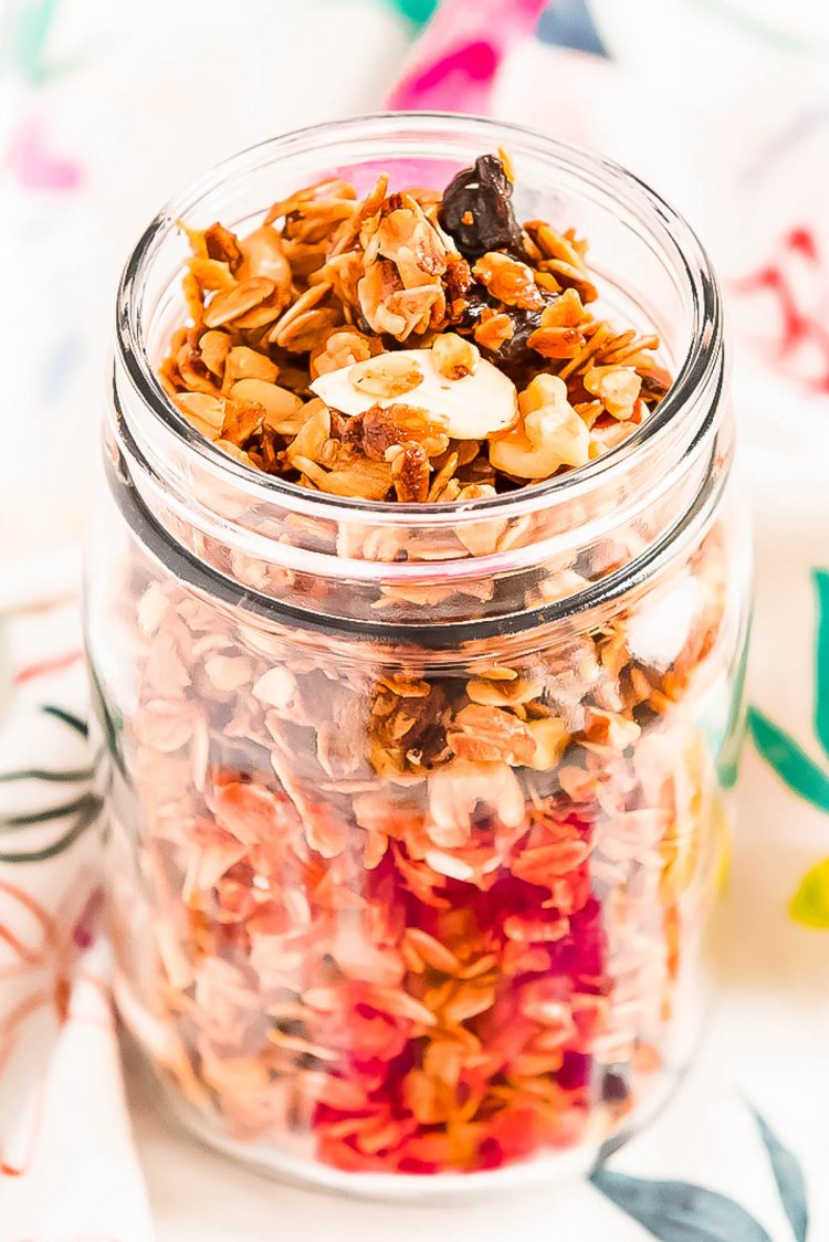 Granola in a large mason jar.