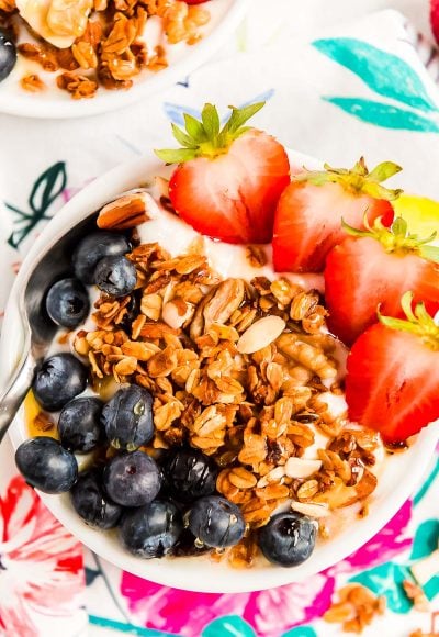 Close up photo of a bowl of yogurt topped with blueberries, granola, and strawberries.
