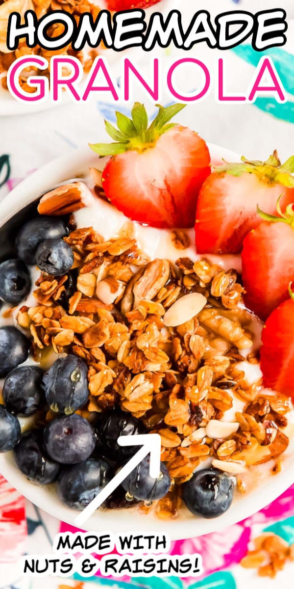 Close up photo of granola and fruit in a bowl with yogurt.