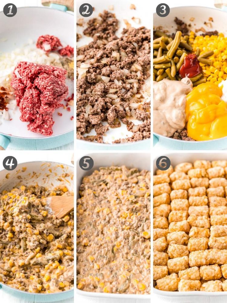 Step by step photo collage showing hot to make a tater tot hotdish.