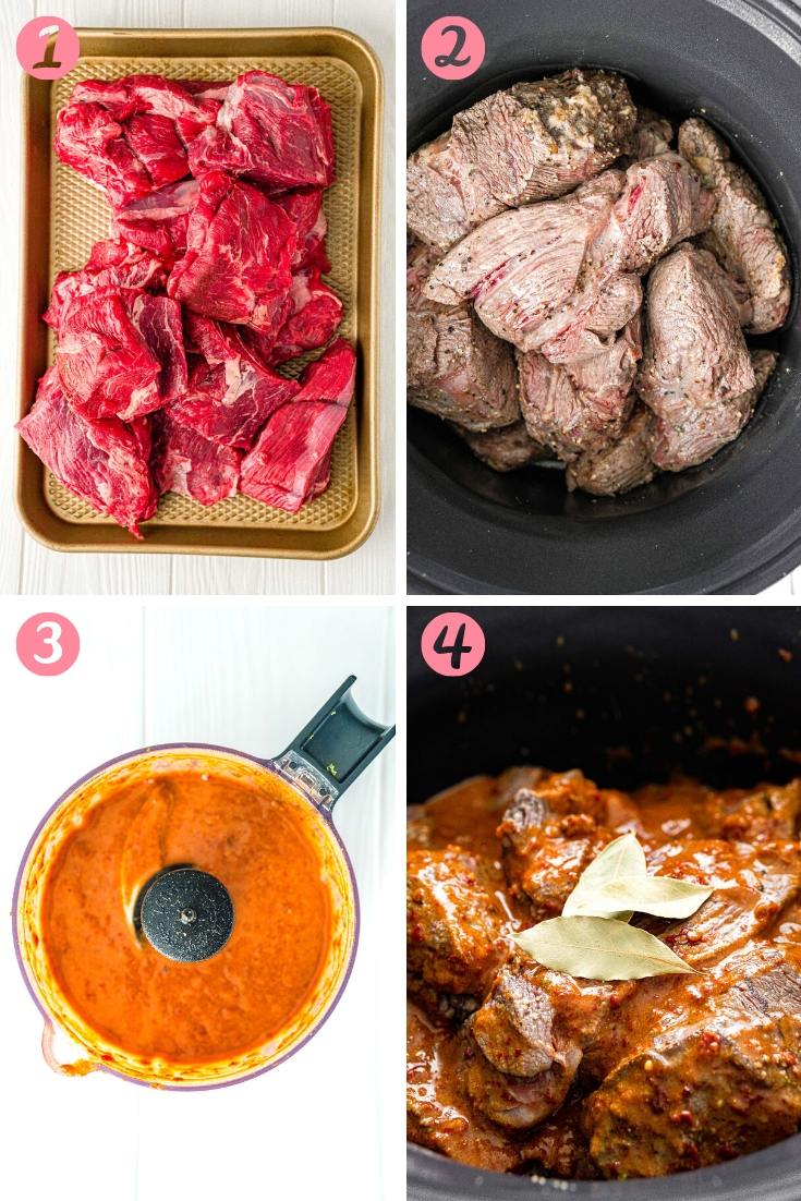 Step by step photo collage showing how to make barbacoa beef.