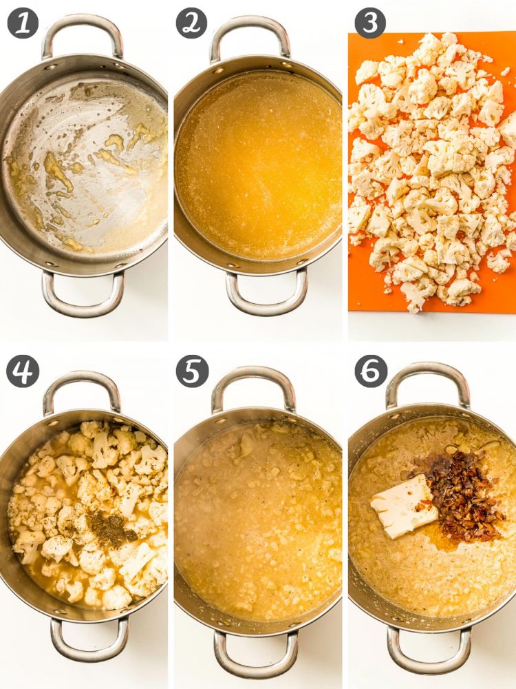 Step by step photo collage showing how to make cauliflower chowder.