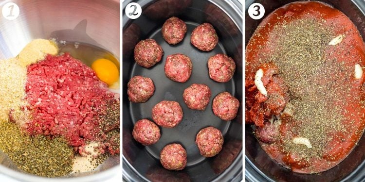 Step by step photo collage showing how to make meatballs in a crockpot