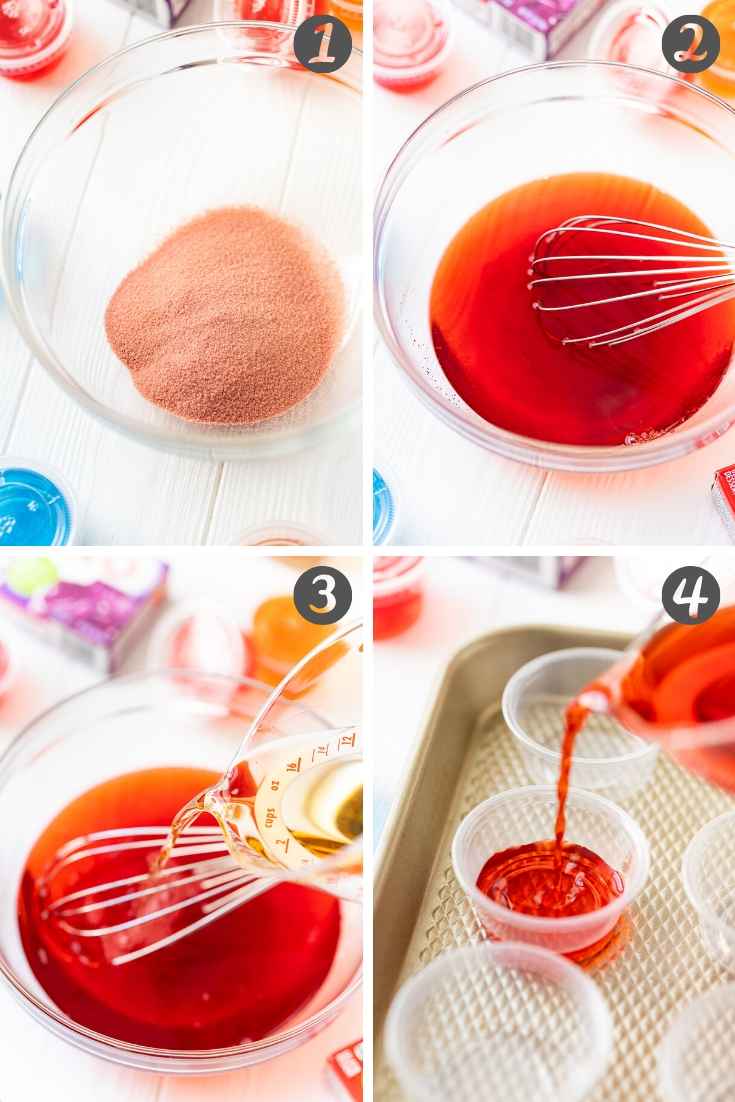 Step-by-step photo collage showing how to make jello shots