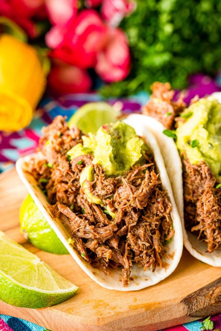 Close up photo of a barbacoa beef taco.